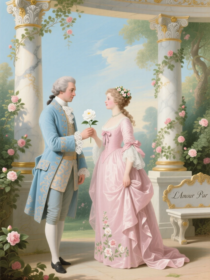 A couple exchanging a single camellia beneath a marble colonnade  