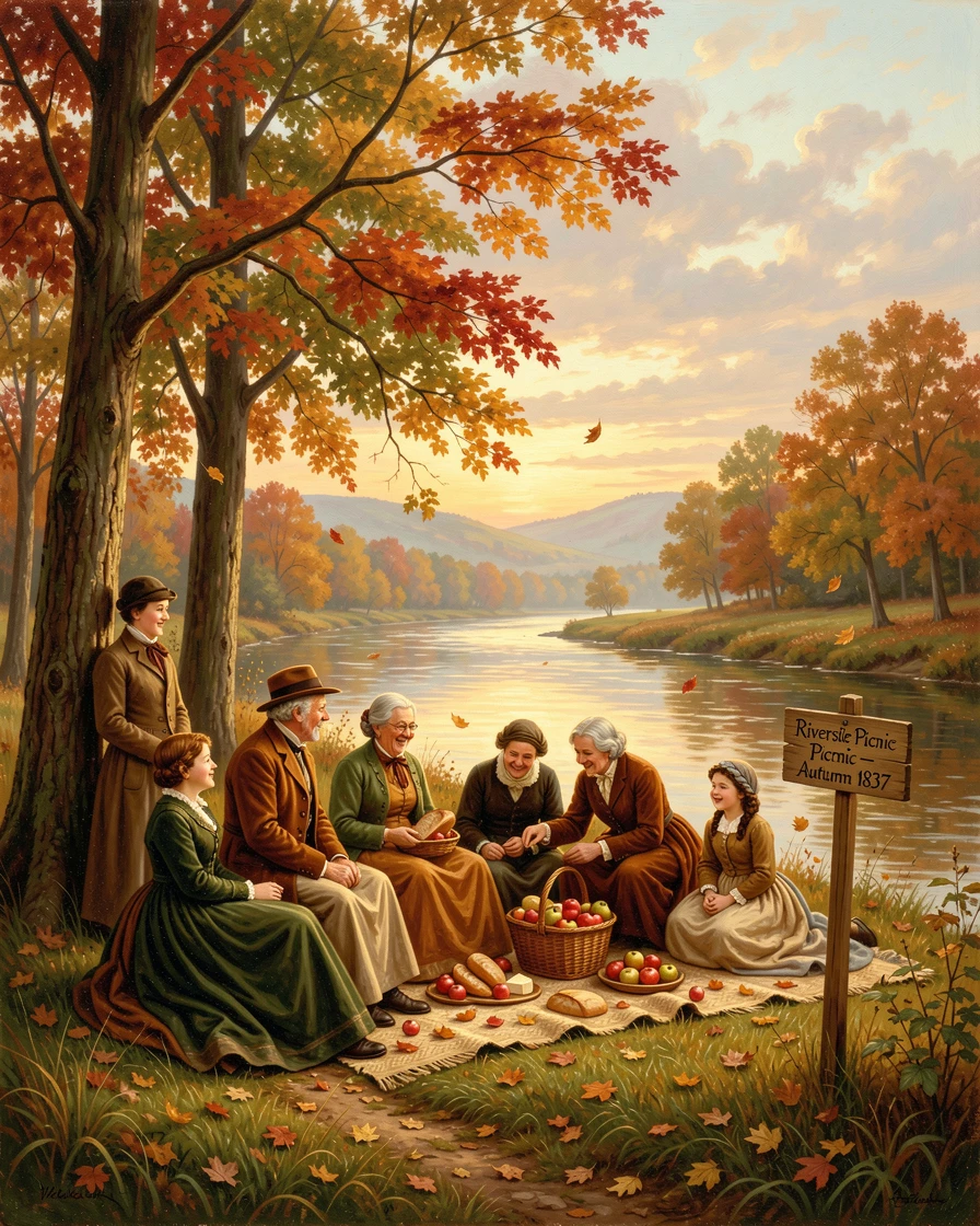 A family gathers around a riverside picnic spot as autumn leaves drift down.