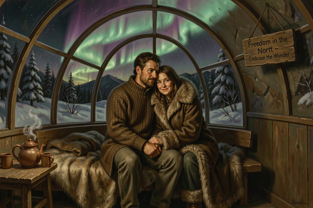 A couple watching the northern lights from a remote glass igloo, with a sense of freedom and wonder evident in every detail, capturing the excitement, freedom, and wonder of travel