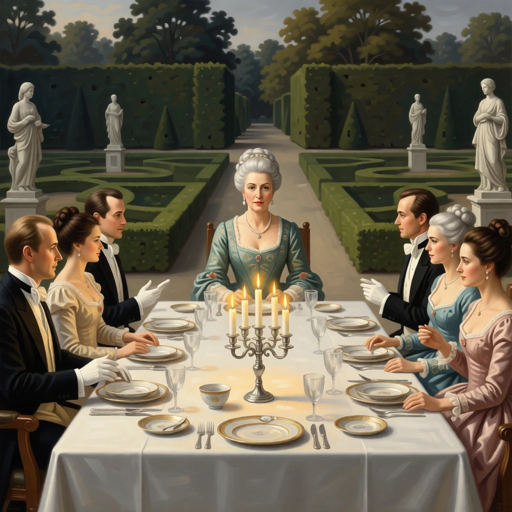 A dowager duchess presiding over an elegant dinner table amid the elegant bustle of a formal evening, set in a formal garden with clipped hedges and marble statues, with fine china, crystal goblets, and candelabras adorning the table; the composition arranges figures in a graceful arc around the focal couple, radiating celebration, elegance, and social grace.