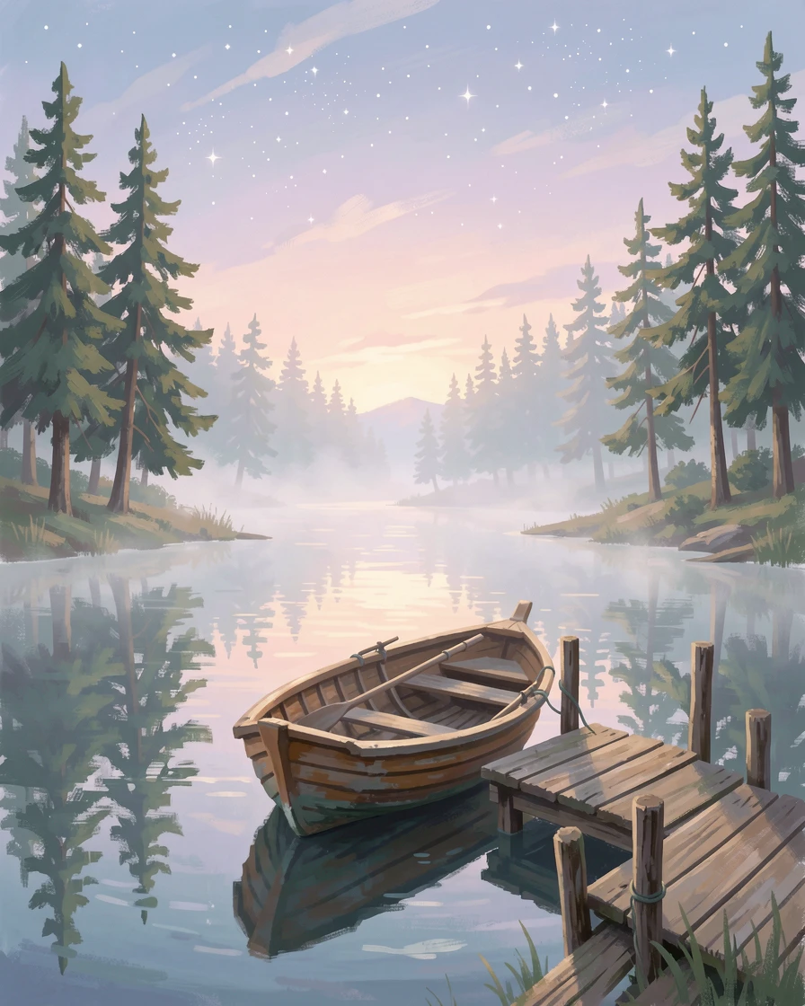 A quiet lake at dawn, mist rising off the still water, a lone wooden rowboat tied to a small dock, pine trees reflected on the surface, under a canopy of stars, inspiring awe at the beauty of the scene.
