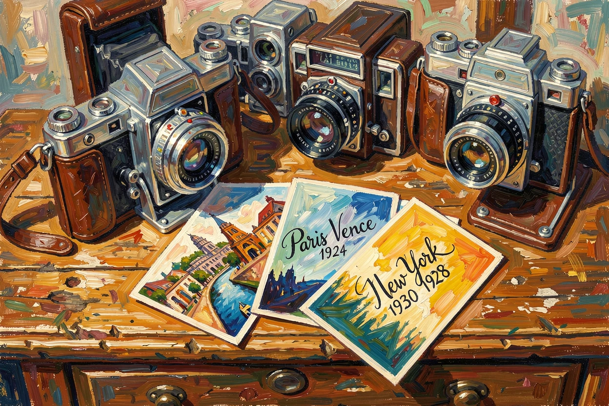 A collection of vintage cameras and travel postcards arranged on a wooden desk.