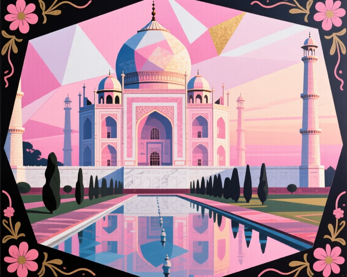 The Taj Mahal glowing softly in the pink light of early morning.