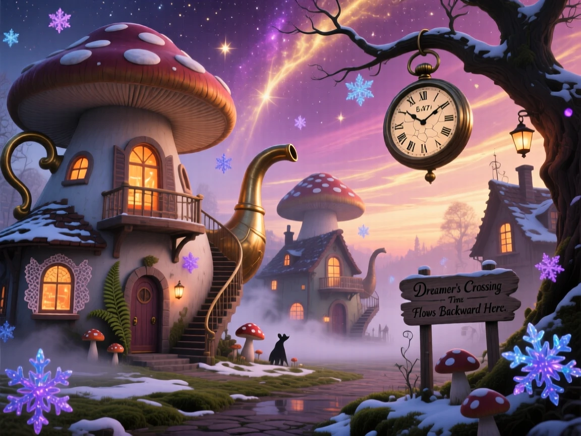 A village of houses shaped like teapots and toadstools sits quietly wrapped in early morning mist, as soft snow drifts silently past warmly lit windows.