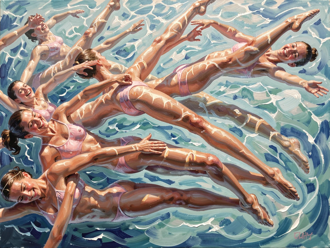 A group of synchronized swimmers forms an intricate pattern beneath the water's surface, sunlight rippling across their pointed toes, warm ambient light illuminating faces filled with joy and communal spirit.