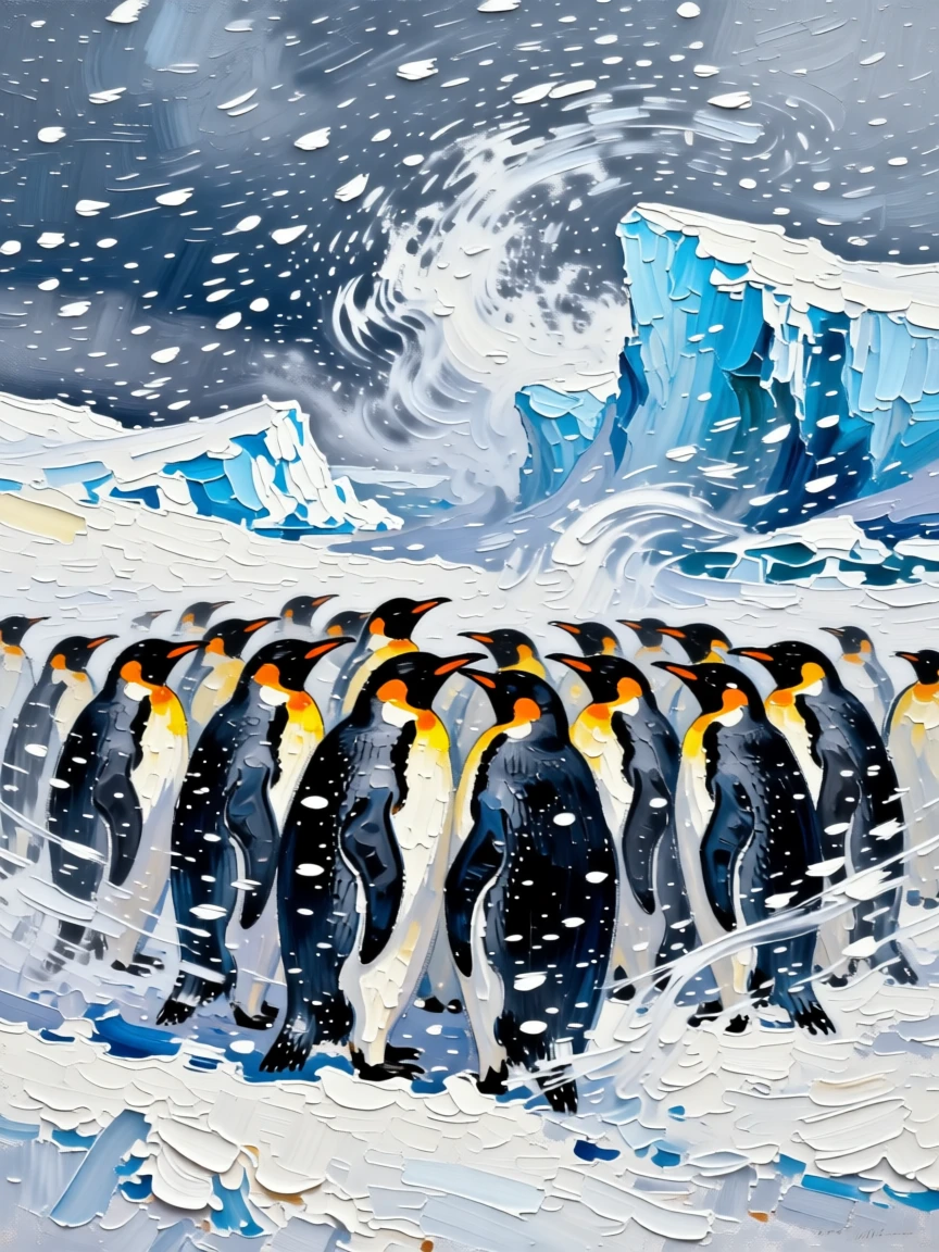 A colony of emperor penguins huddled together against a howling Antarctic blizzard
