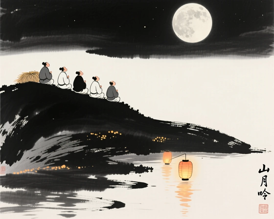 A group gathers on a hillside to watch the rise of the harvest moon, with lantern light reflecting softly on the water.