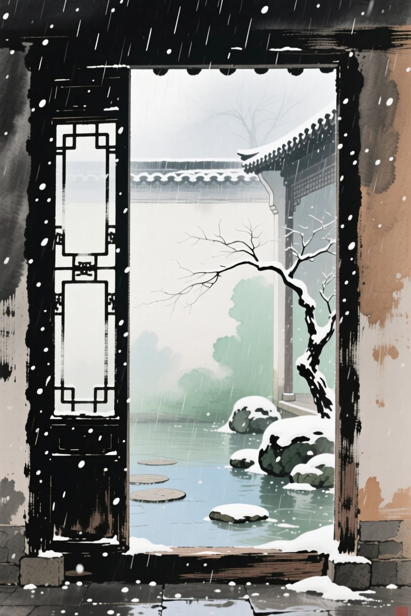 A solitary window open to a courtyard filled with falling snow, through swirling morning fog, just after a rain shower, brimming with peaceful contentment.
