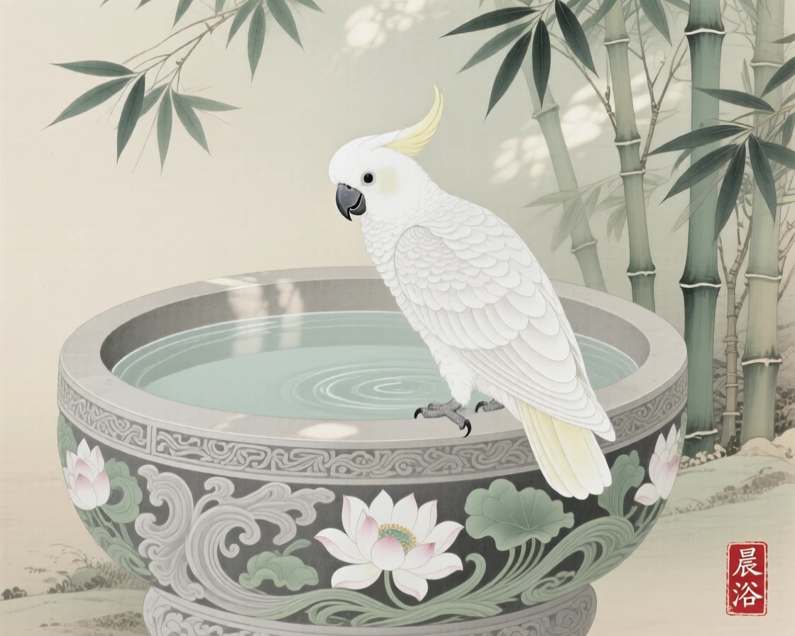 A cockatoo bathing in a stone garden basin, soft morning light filtering through the branches