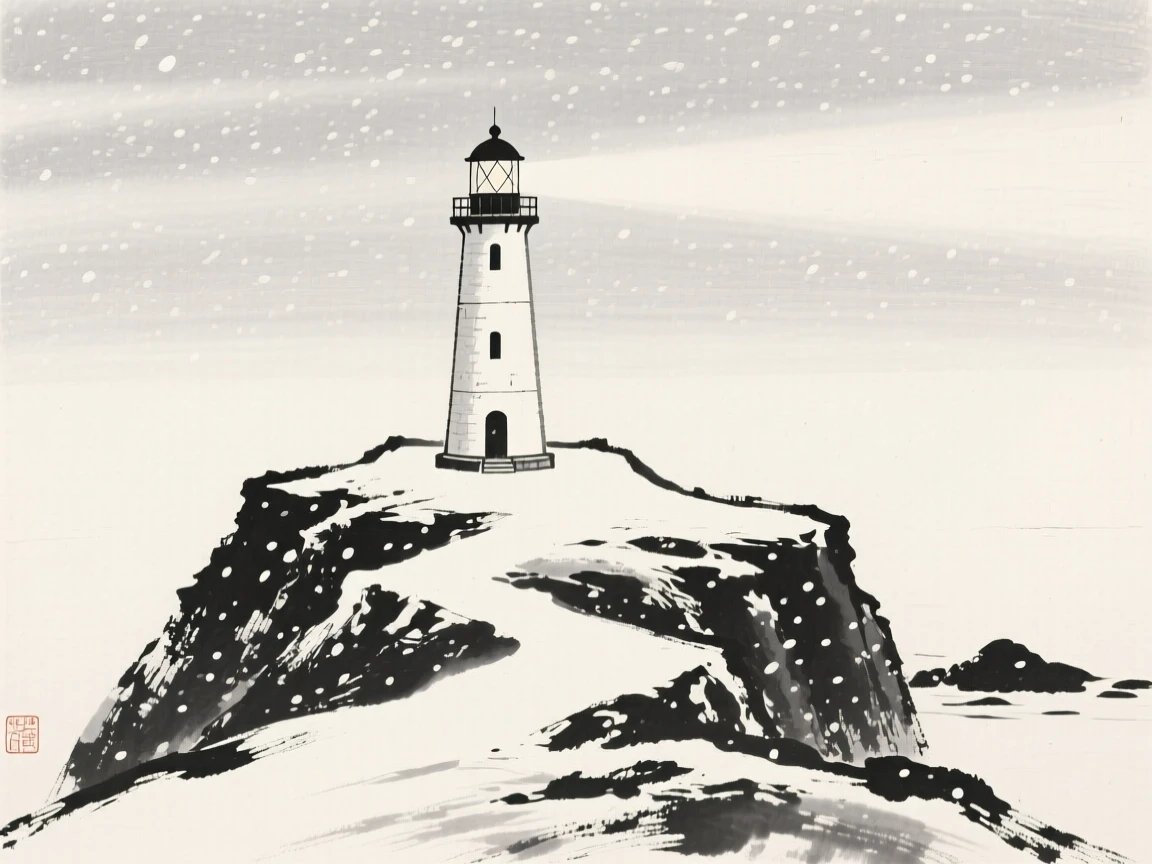 A lone lighthouse on a rocky point beneath a canopy of falling snow, framed symmetrically along a central path, evoking centuries of quiet history and devotion.