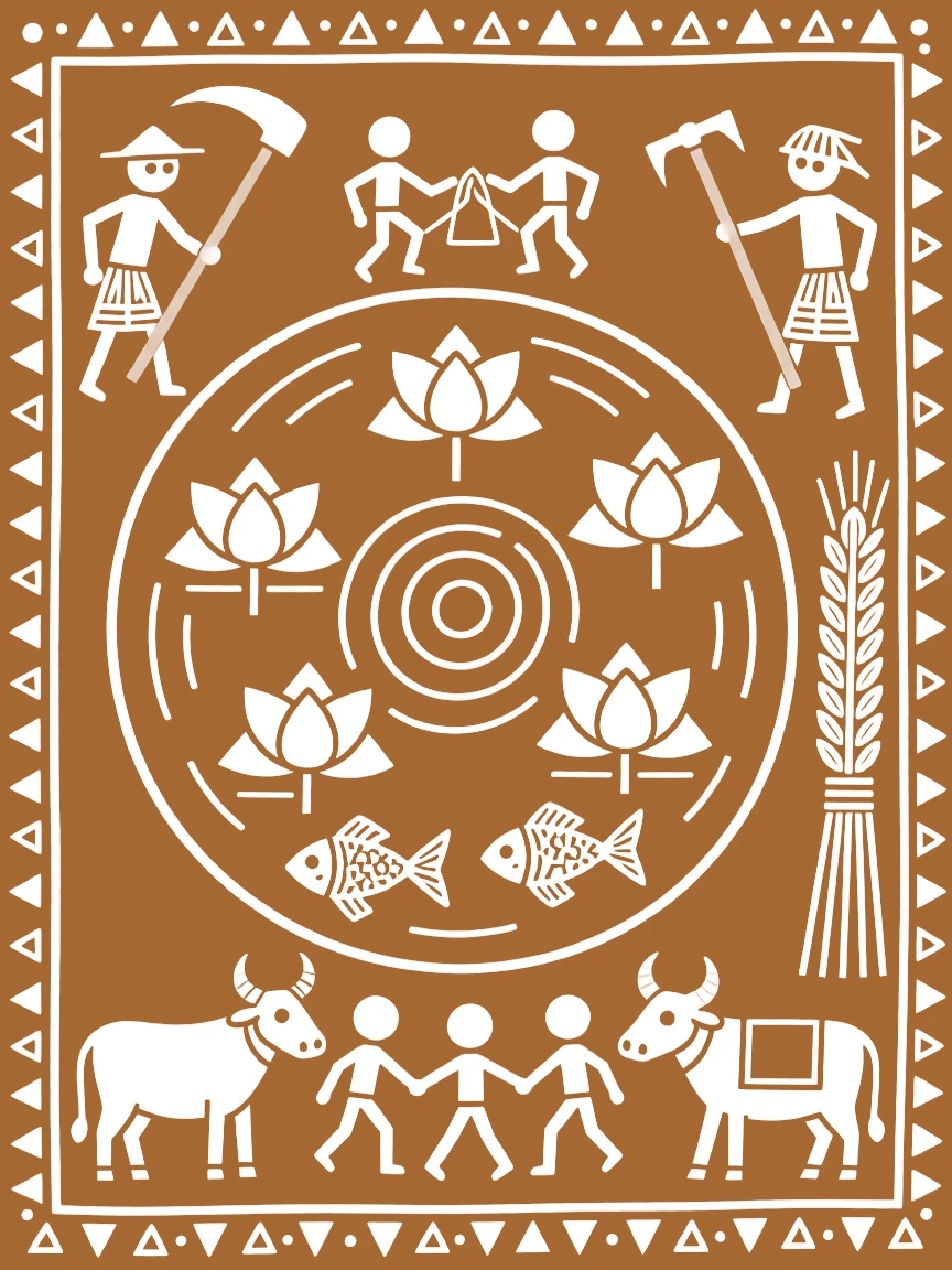 A composition centered on a lotus pond surrounded by symbols of prosperity and good fortune.