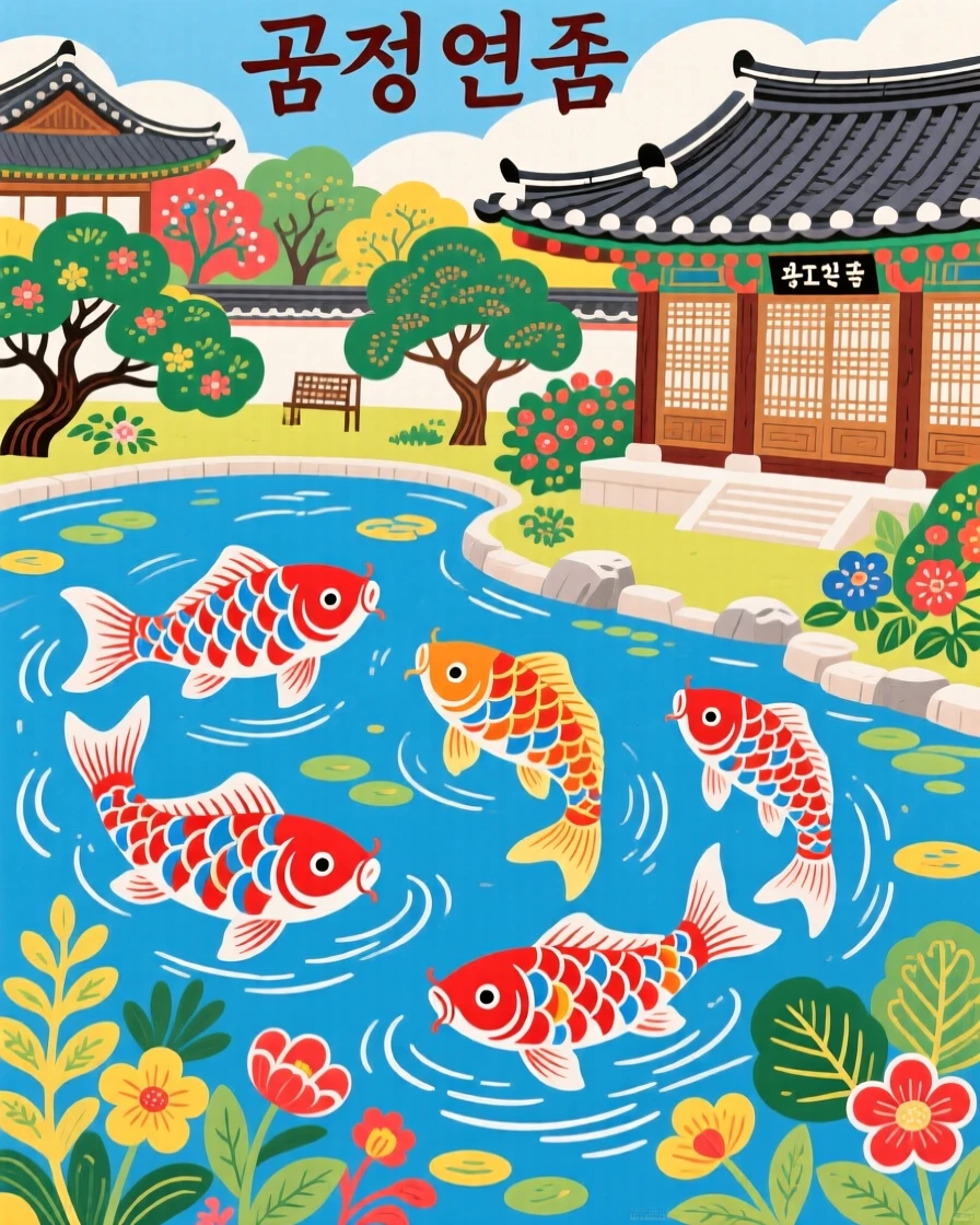 A palace garden where koi swim through the air as though the sky were water.