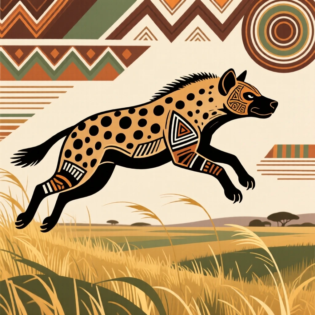 A spotted hyena soaring above the grasslands.