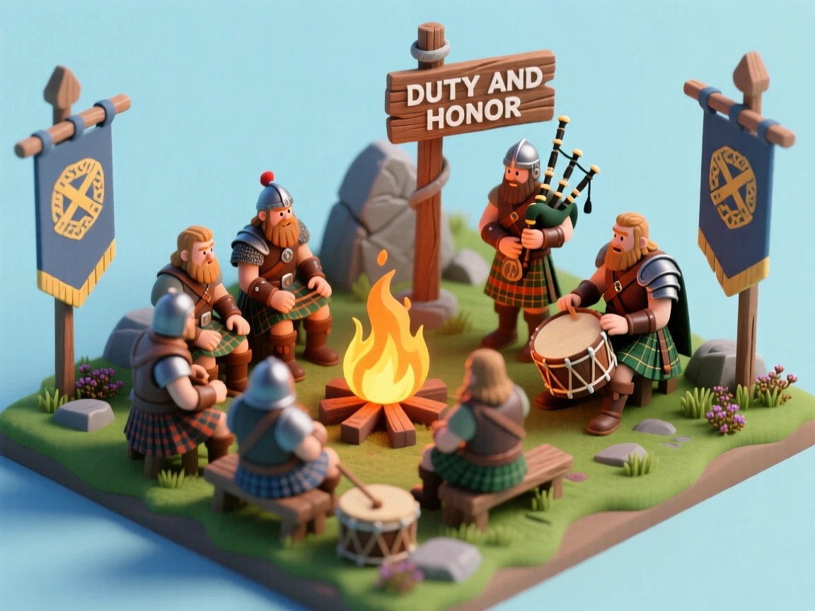 A medieval Scottish highland clan gathering with bagpipes playing, a bonfire blazing, and warriors sharing tales of battle.