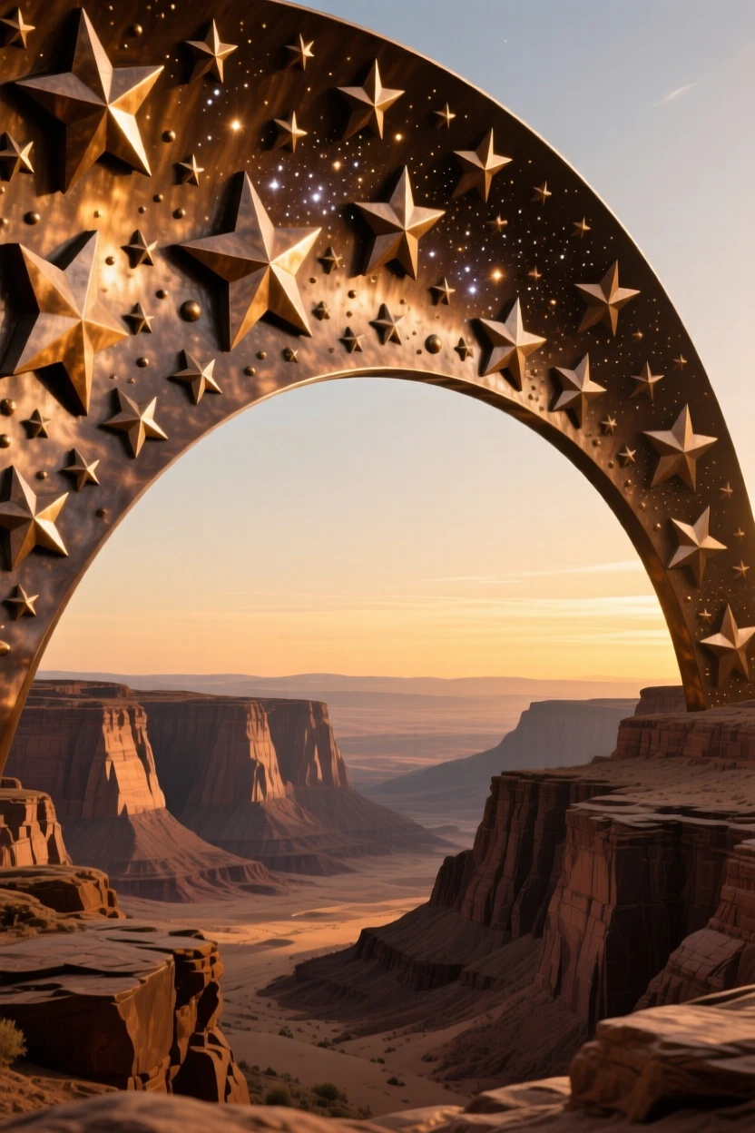 A vast star-filled sky above a silent desert canyon, bathed in the warm hues of golden hour, offering a breathtaking sense of place