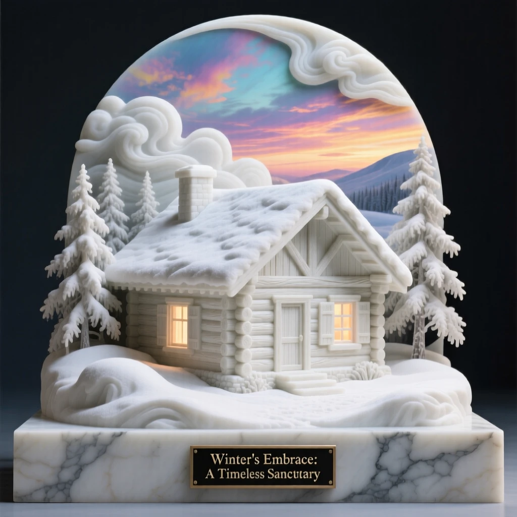 A beautifully composed image of a snow-covered cabin glowing with warm light, under a brilliant, colorful sky, full of atmosphere and visual storytelling