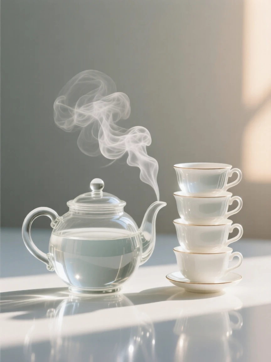 A pot of tea steaming beside a stack of delicate cups while sunlight catches the surface of the table