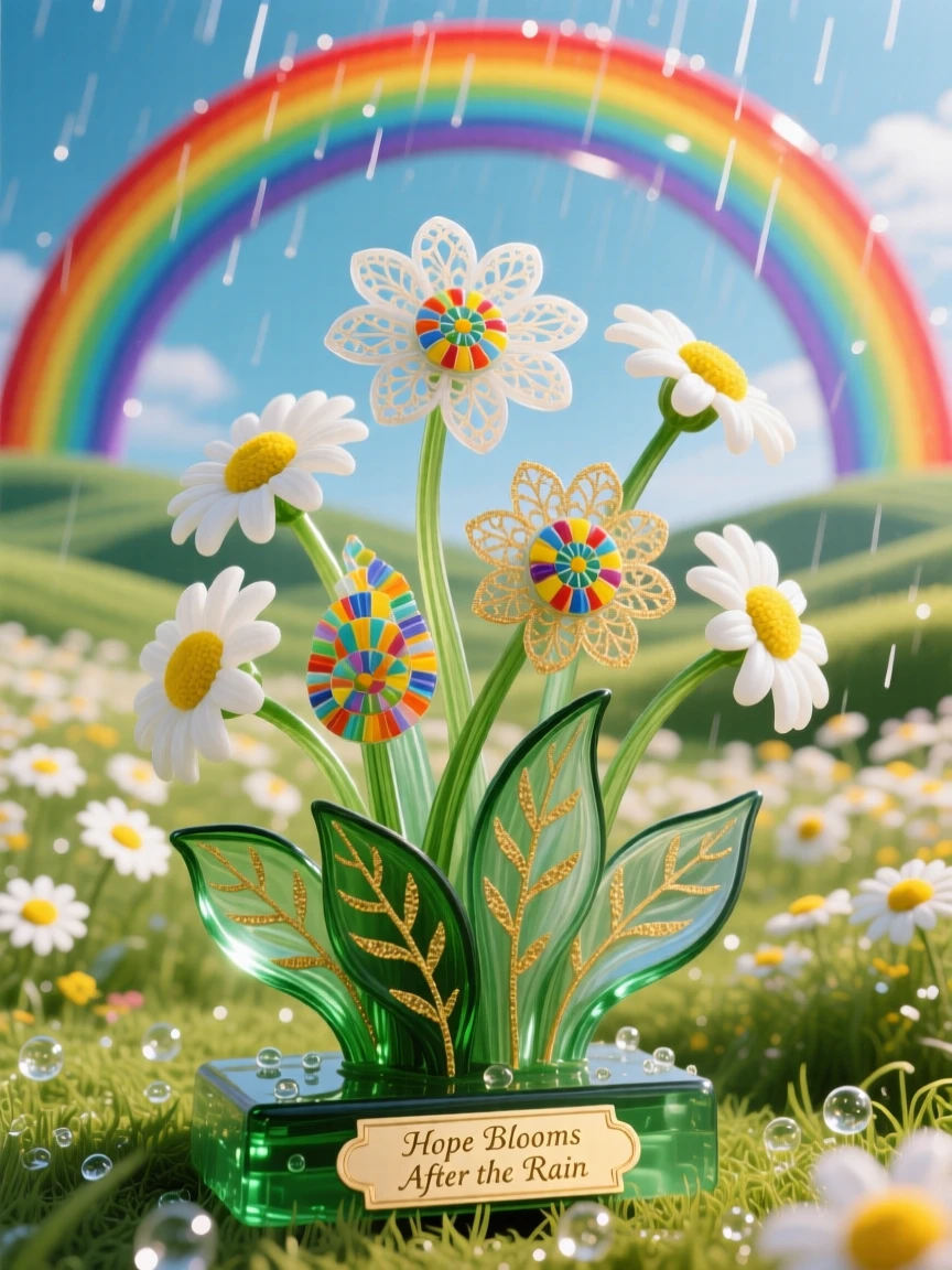 A field of blooming daisies stretching beneath a vivid rainbow after a spring shower, hopeful and cheerful.