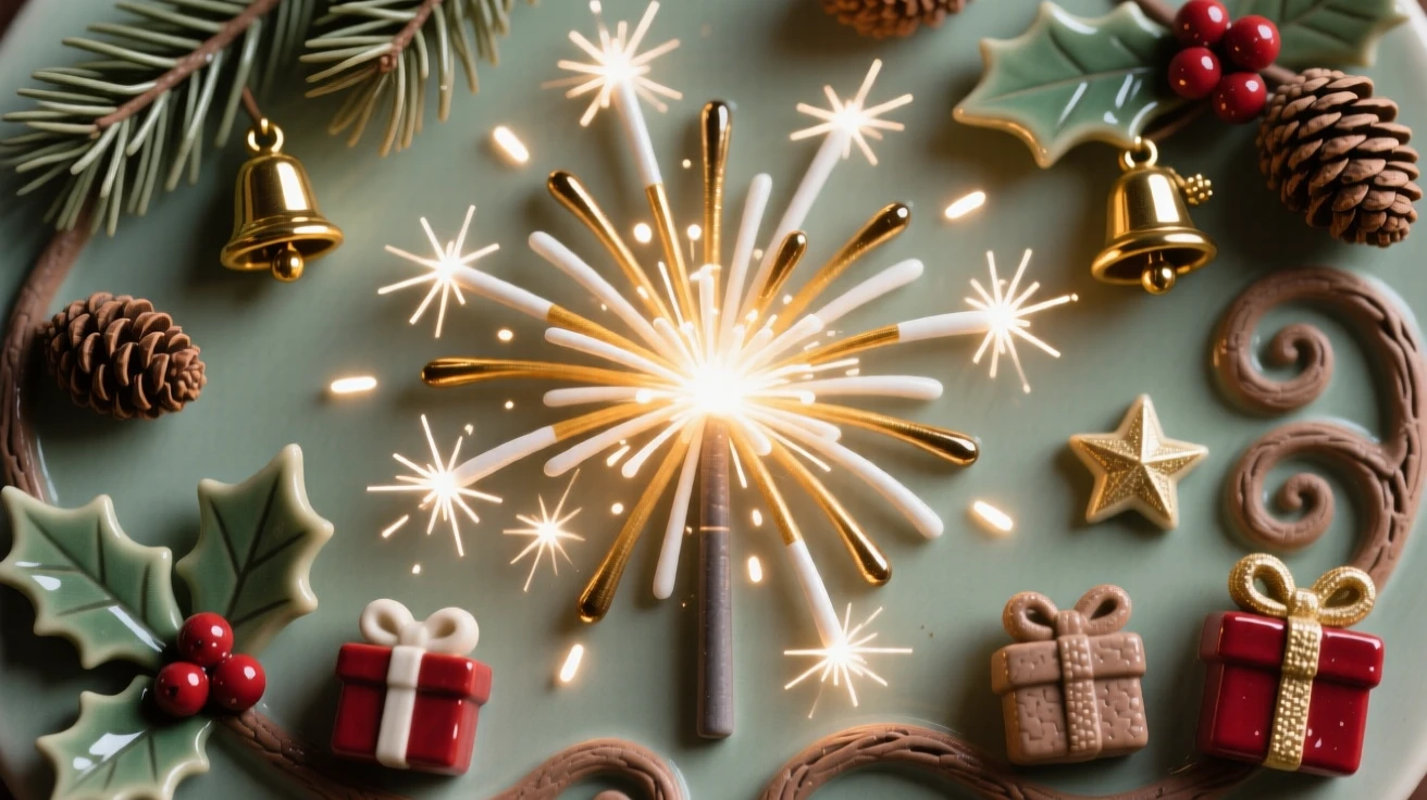 A firework burst frozen in mid-sparkle arranged among traditional seasonal motifs, decorated with small festive charms, stirring cozy nostalgia for cherished traditions.