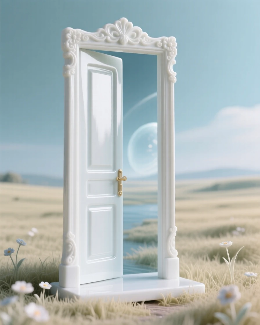 A dreamlike scene of a door standing alone in a field, opening into another world, rendered with soft, dreamlike light.