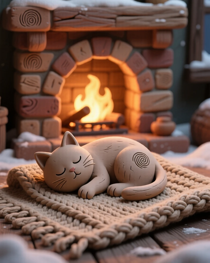A winter fireplace scene with a cat curled asleep on a knitted blanket