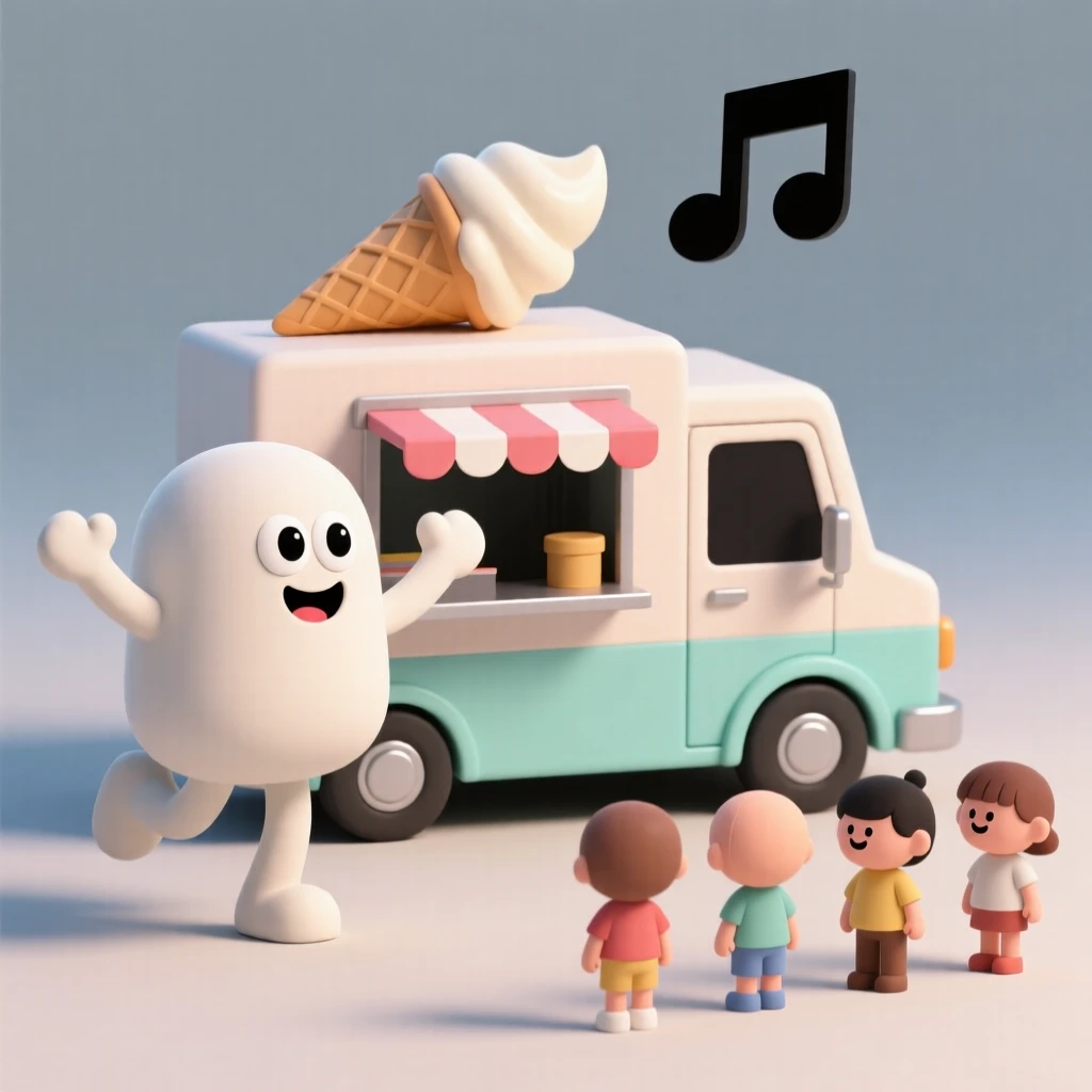 A determined ice cream truck mascot dances alongside the truck's cheerful jingle, delighting a line of children.