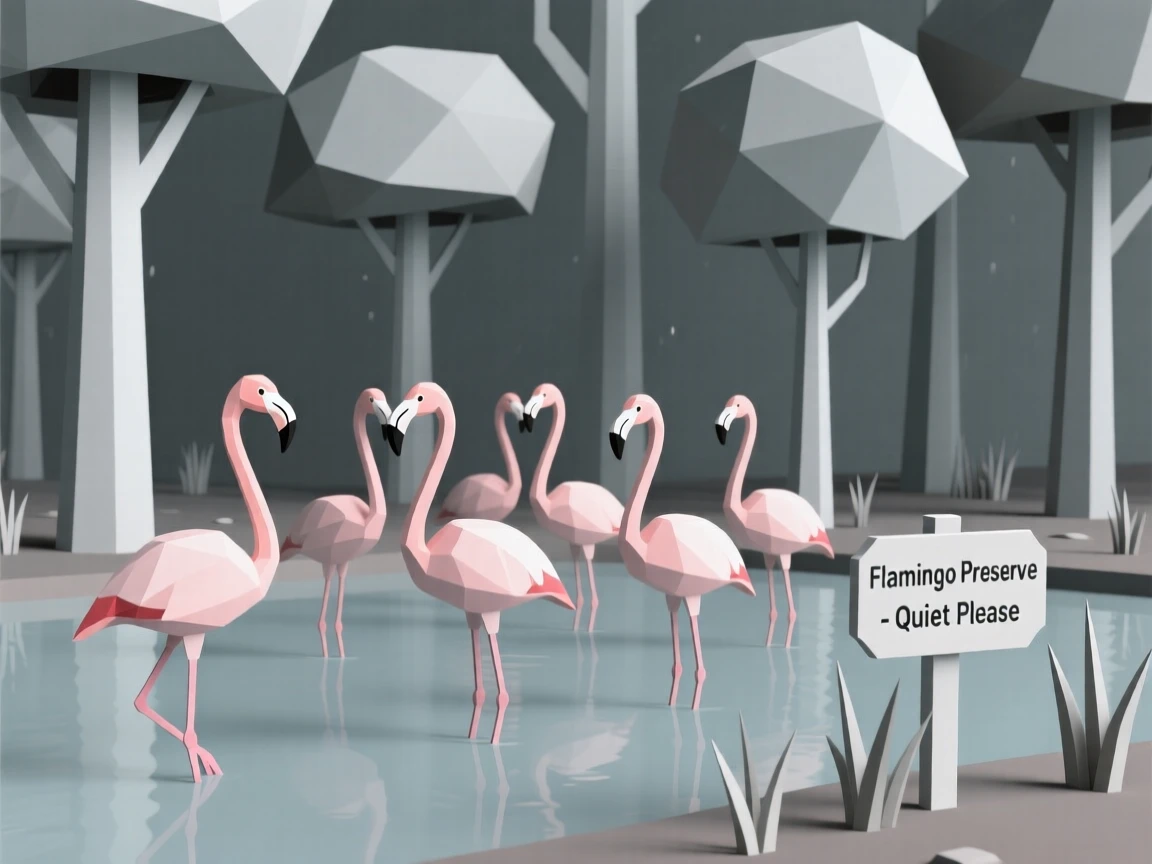 A flock of flamingos standing in shallow water, in a quiet, dew-covered forest. soft natural light highlights every texture. A gentle, peaceful stillness fills the air.