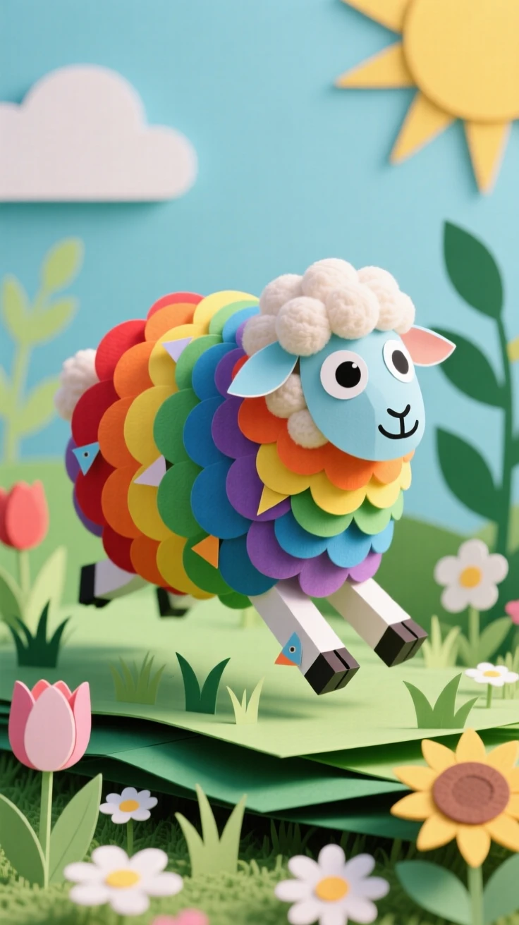 A rainbow-wool sheep creature bouncing through a sunlit garden, with big round curious eyes, capturing pure adorable innocence.