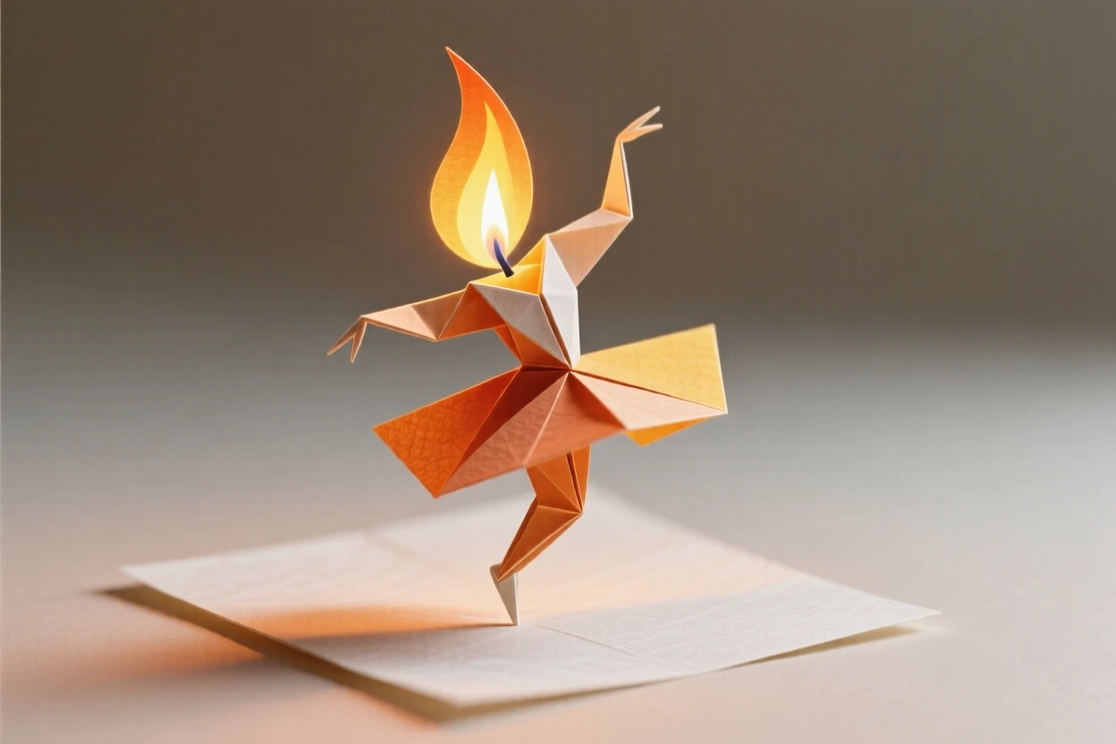 A single candle flame shaped like a tiny dancing figure mid-twirl.