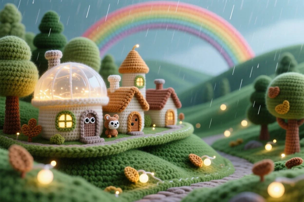 a miniature village built along the curve of a rainbow after rain, with tiny glowing rooftops, nestled above a quiet green valley, nestled within a softly glowing forest, with a scattering of tiny glowing lights, evoking gentle magical wonder.