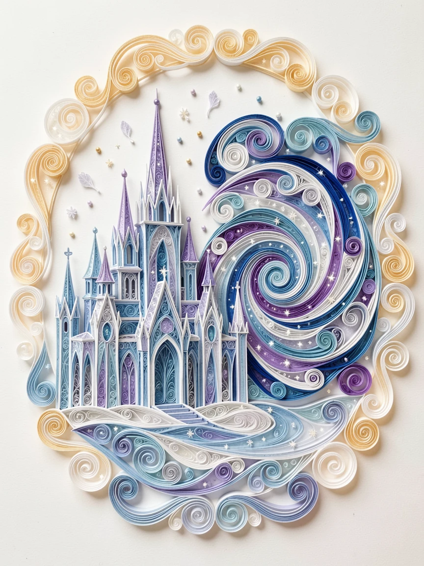 A magical fantasy scene of a snow queen's ice palace shimmering under starlight beside a shimmering portal of swirling light, with tiny sparkling motes of light drifting through the air, framed with a dreamlike glowing halo of light.