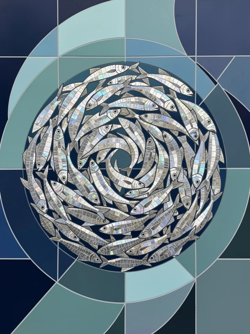 A school of shimmering silver fish swirling in a tight bait ball.