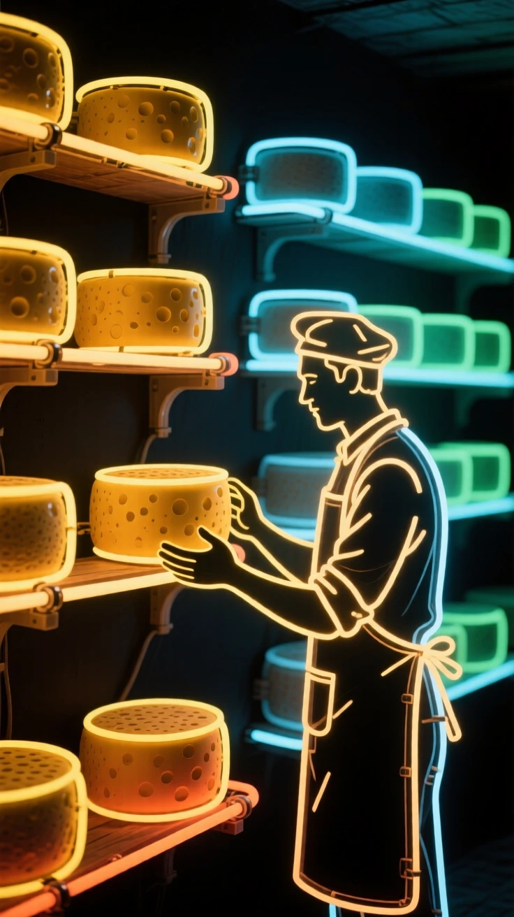 A cheese maker checking wheels of cheese aging in a cellar.