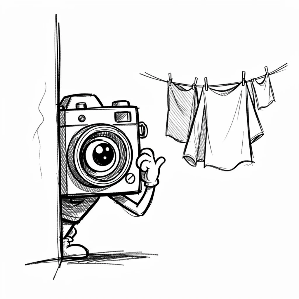A camera peeking around a corner to snap a photo on a laundry line in the breeze.