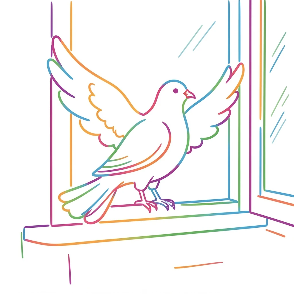 A single dove perched on an open window sill, wings catching morning light.