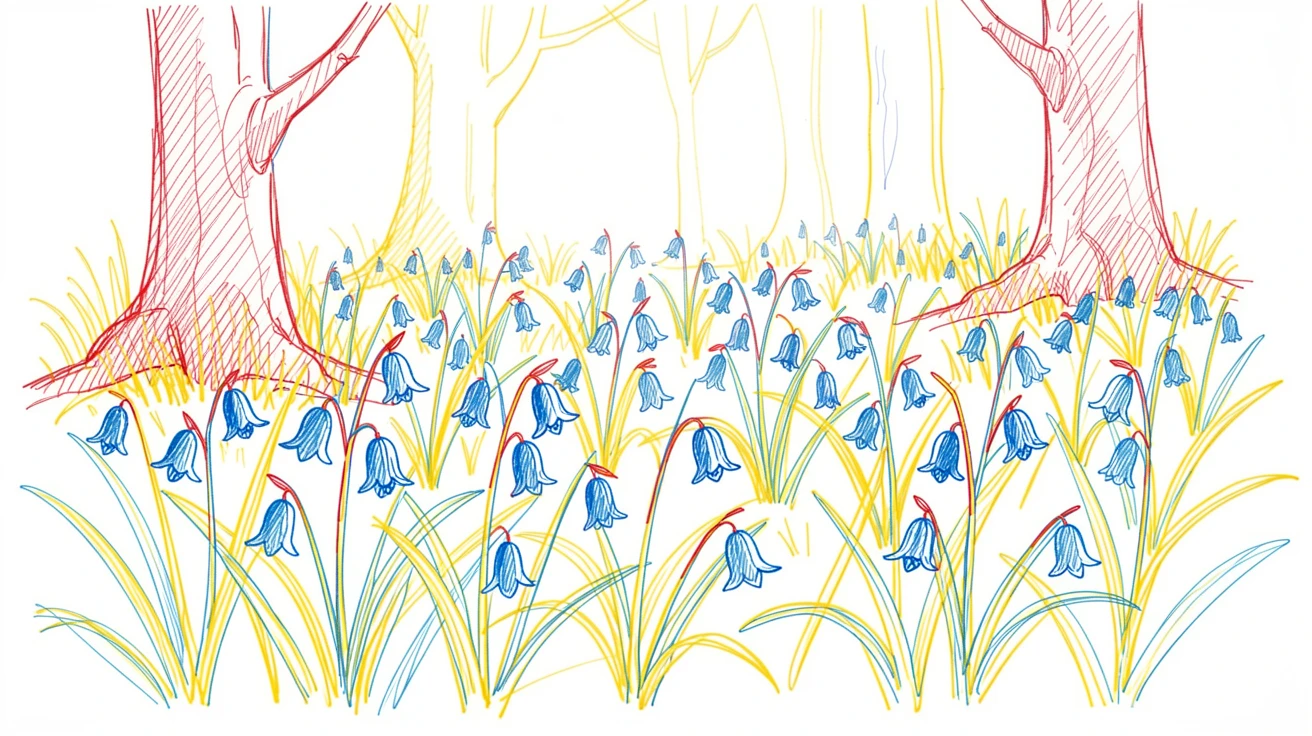A field of wild bluebells carpeting a sunlit forest floor