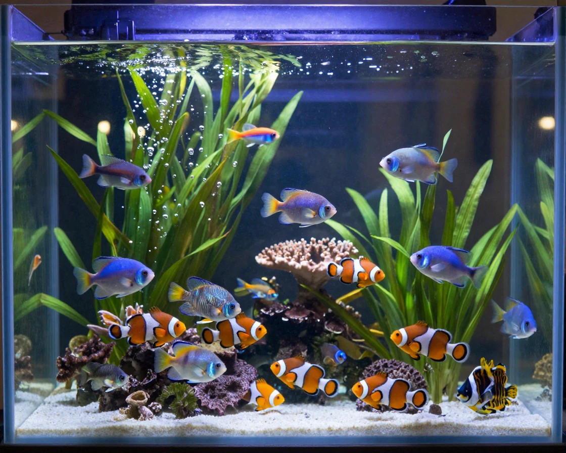 An aquarium tank glowing with tropical fish