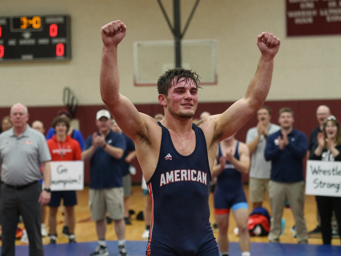 A wrestler raises both arms in victory after a hard-fought match.