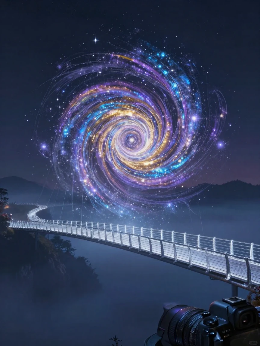 A shimmering portal between two worlds appearing across a bridge spun from starlight as magic fills the air