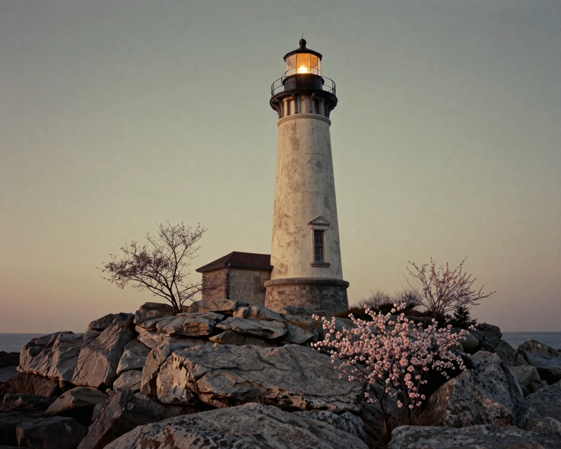 A towering lighthouse standing watch over a rocky point, in low lamplight, in crisp, dry air, as spring blossoms unfurl, in dusty lavender and rose tones, captured from a low angle looking up.