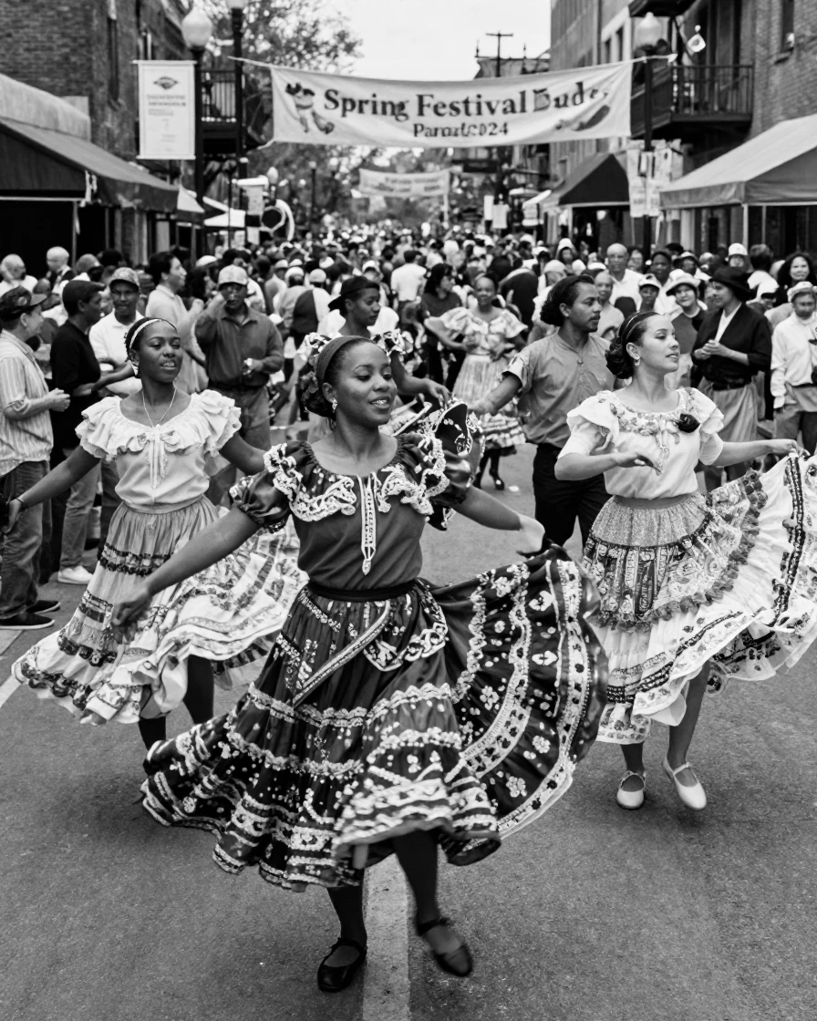 A crowd of festival dancers dances through the crowded streets during a vibrant spring festival.