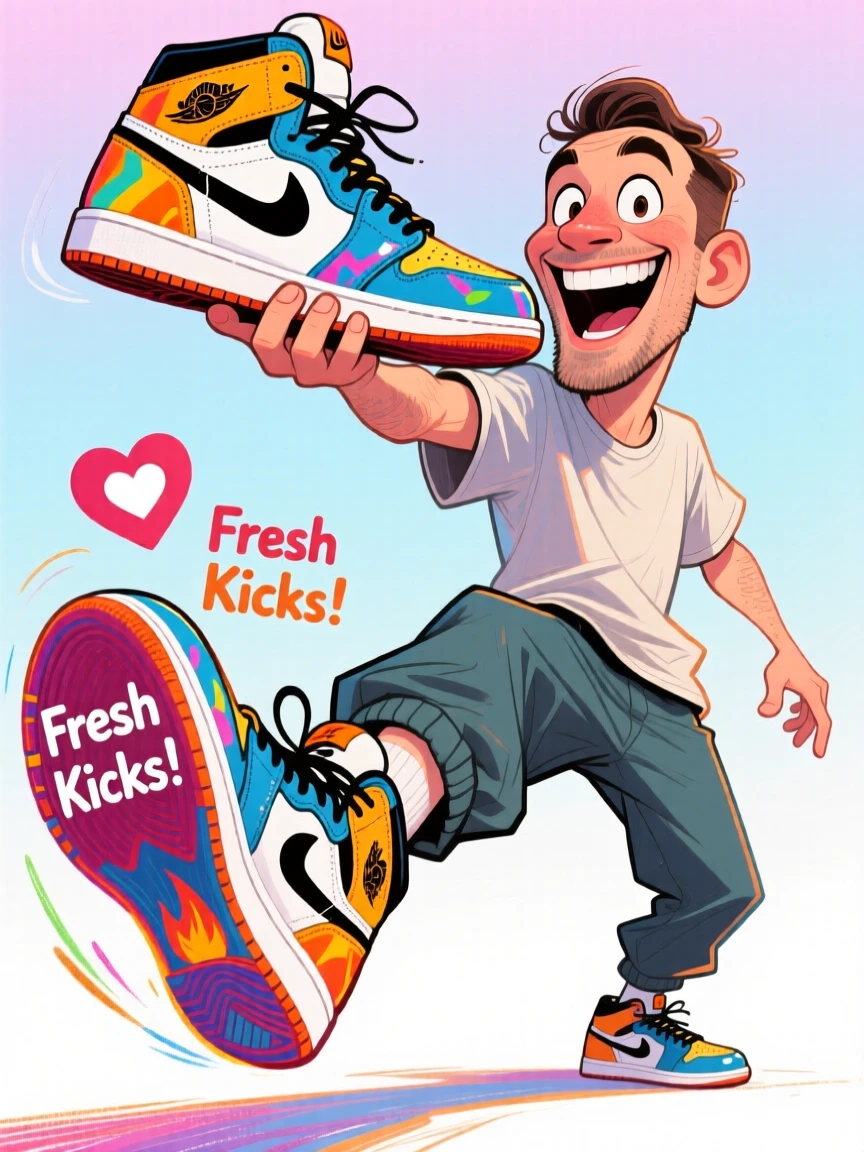 A man showing off his new sneakers with a dramatic foot pose for social media.