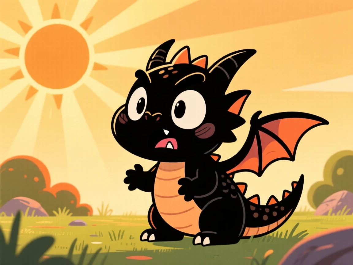 A charming animal moment featuring a fierce baby dragon reacting with wide-eyed surprise to something offscreen, under a warm golden afternoon sun.