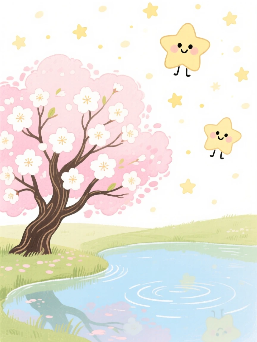 A serene landscape of a cherry blossom tree in full bloom beside a quiet pond under a blanket of stars