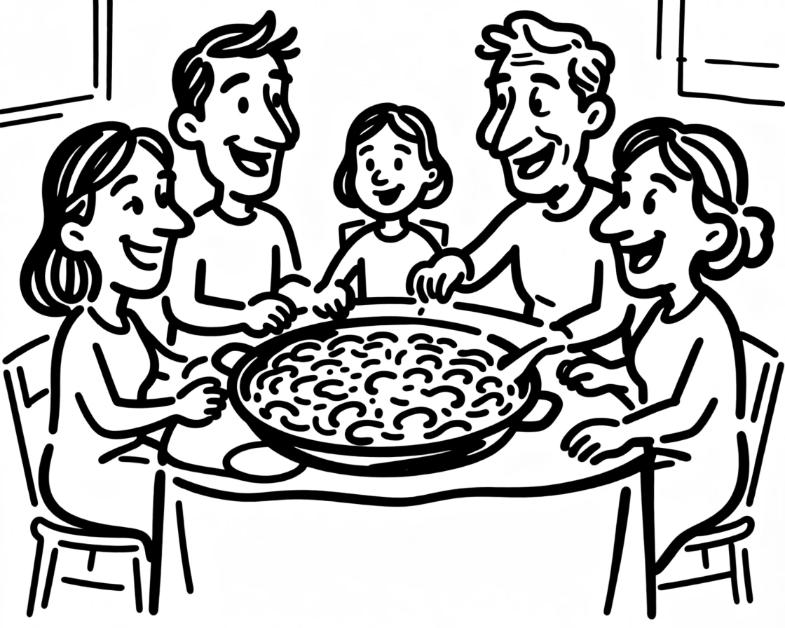 A family gathered around a table sharing a colorful paella straight from the pan.