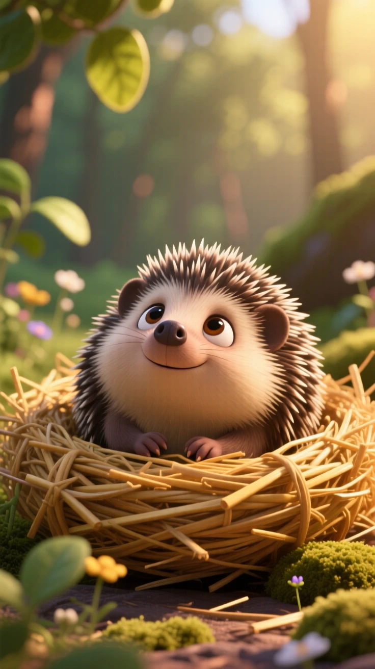 A tiny hedgehog is curled up in a nest of straw, looking up with big curious eyes. A gentle, sleepy calm fills the moment, with soft shadows framing the scene.