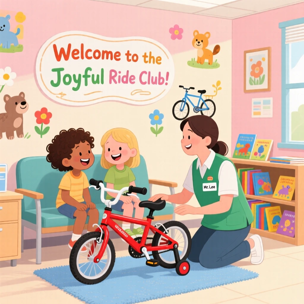 In a hospital waiting room decorated with drawings, two children from different backgrounds bond over learning to ride a bike with a patient helper close by, as warm smiles are exchanged.