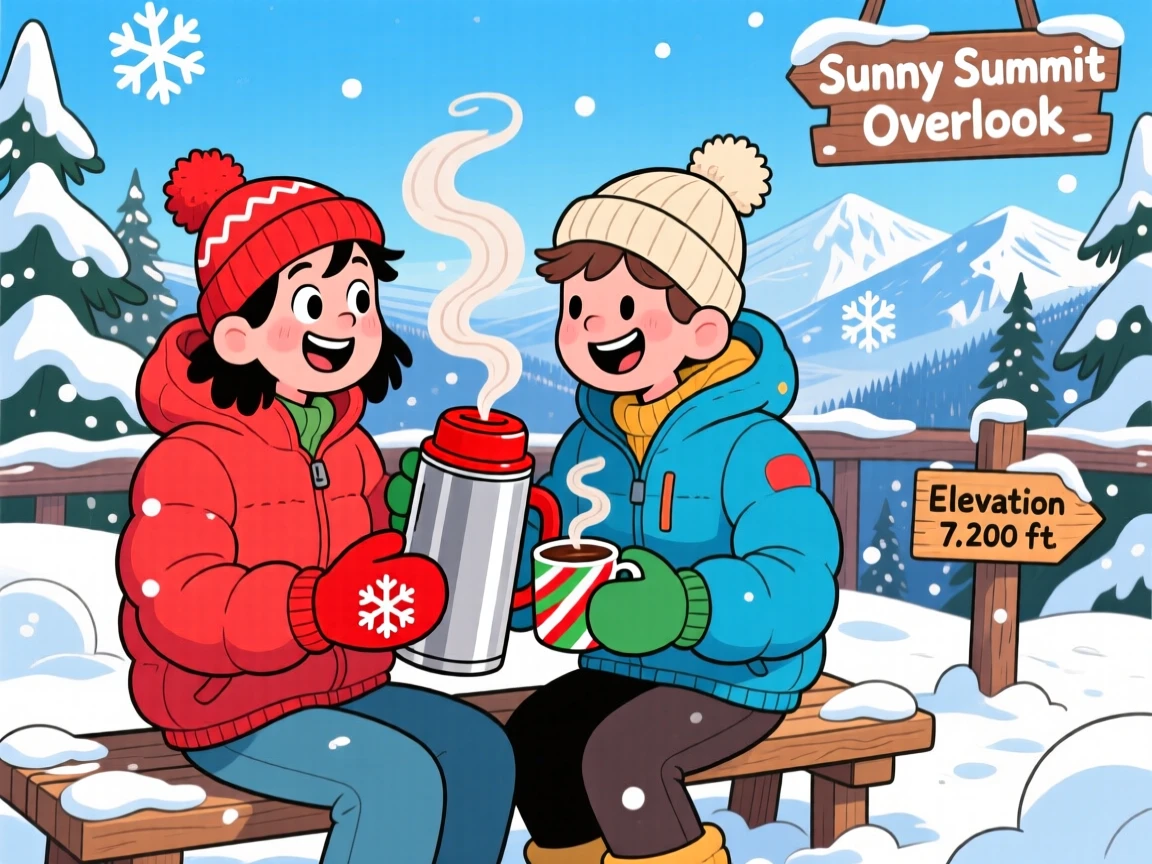 Friends sharing a thermos of cocoa on a snowy mountain overlook.