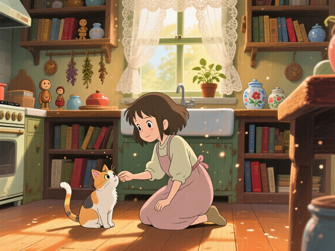 A girl feeding a cat on a warm kitchen floor, shelves lined with books and small trinkets, the whole scene feeling quietly content.