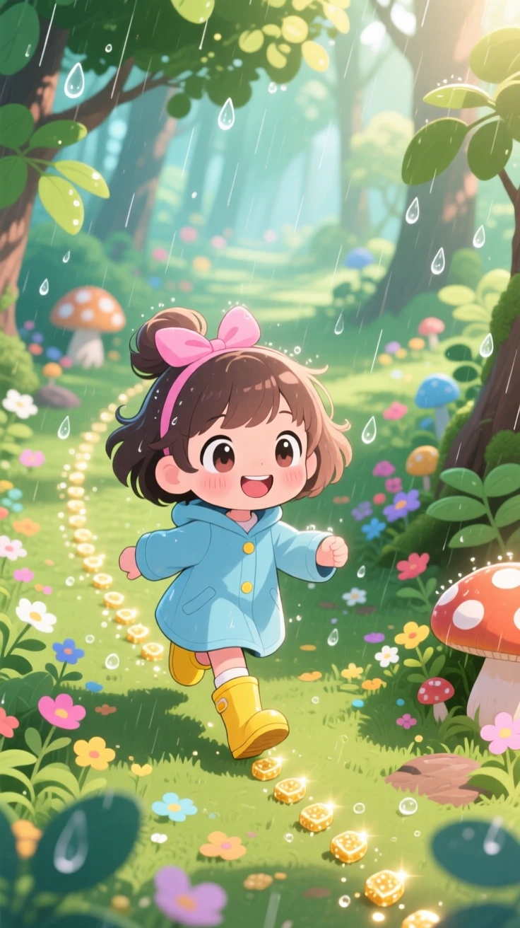 High aerial view: a little girl, leaving a trail of breadcrumbs through the woods, set against an enchanted storybook forest during a gentle spring rain shower, with dappled sunlight through a canopy and a mood of bubbly enthusiasm.